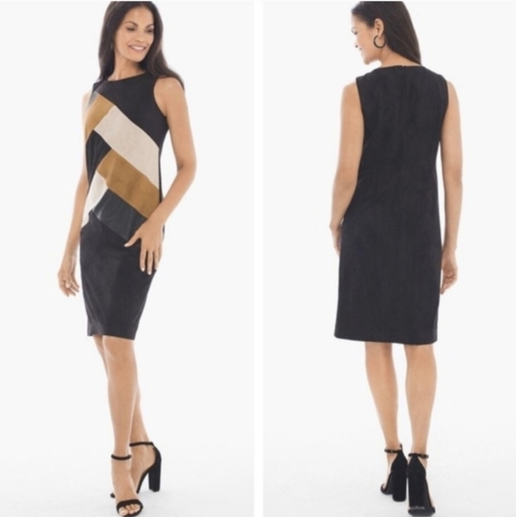 Chicos NWT Pieced Short Dress Sleeveless Color Block Faux Suede Brown Size 0 S/4 - Picture 14 of 14